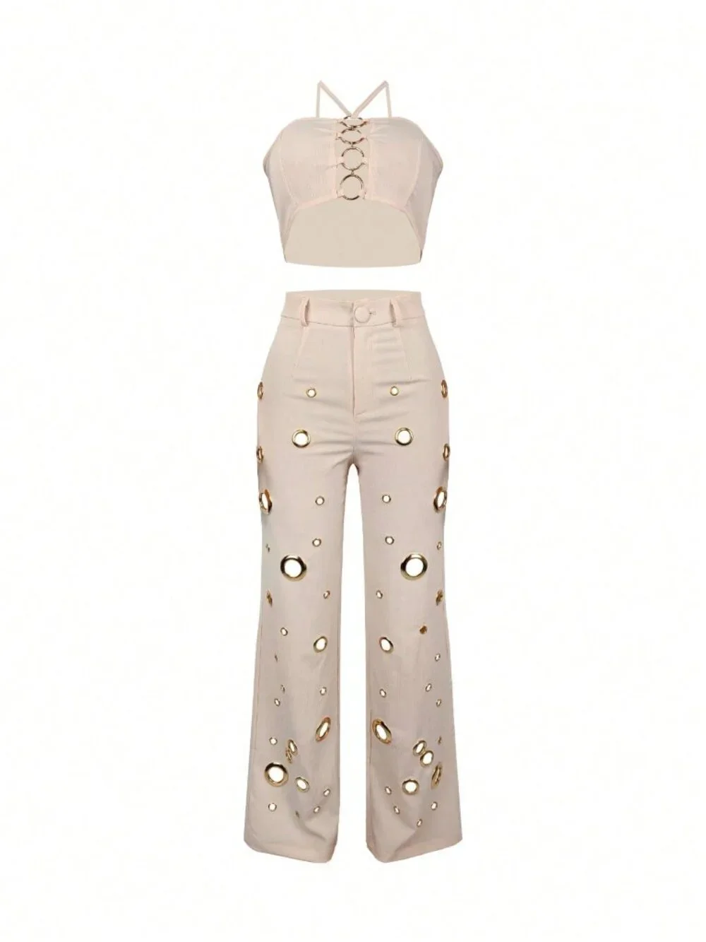 Apricot Sexy Women's halter‑neck tank top & high‑waist long pants Two Pieces Set - Picture 3 of 7